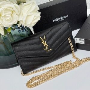 Yves Saint Laurent Black Textured Clutch with Gold Chain